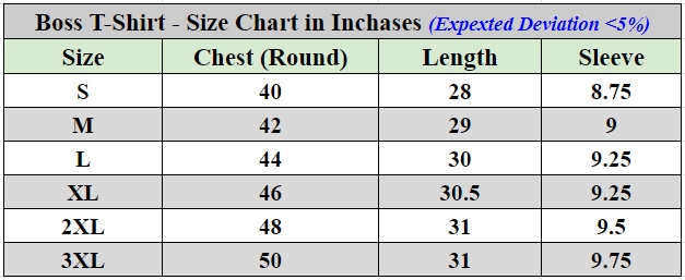 Boss Tshirt Size chart