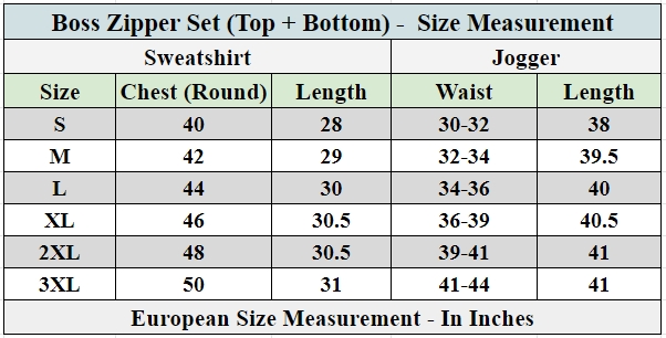 Boss Zipper Set Measurement