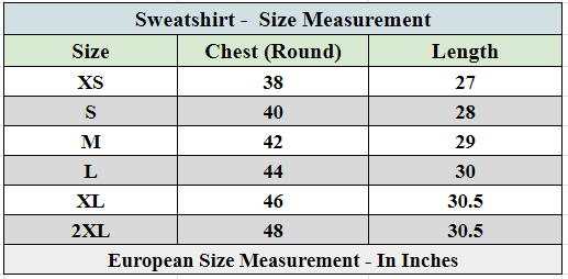 Sweatshirt size Measurement